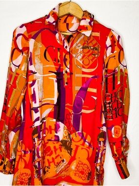 Carolina Herrera Silk Shirt Dress Red Orange Print 38